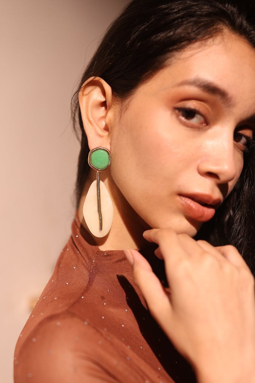 Geometric Drop Earrings Green Stone Resin Dangle Statement Gold Tone Boho